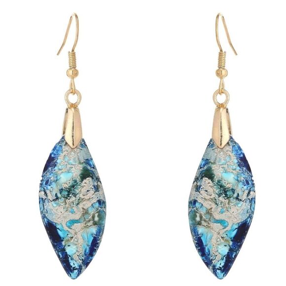 18K Yellow Gold with Natural Imperial Blue Jasper Stone Dangling Hook Earrings - Picture 1 of 6